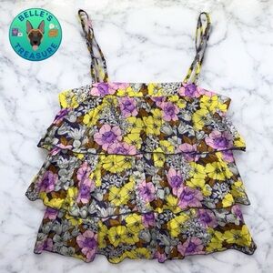 Anthropologie Leifnotes Yellow Petunia Floral Tiered Strappy Tank Shirt Festival